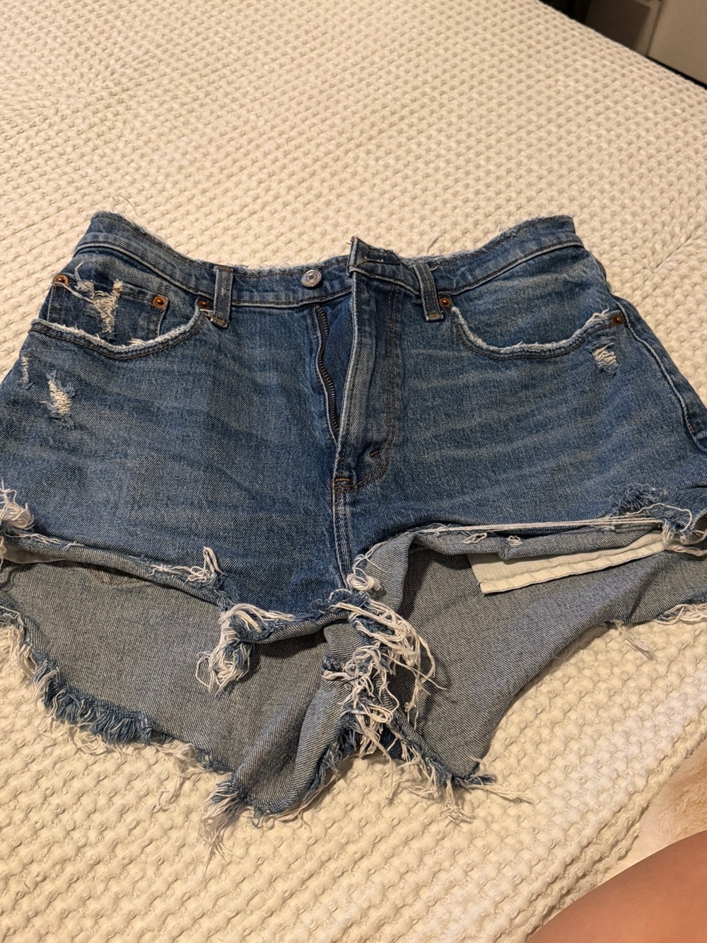 Classic High-Rise Distressed Denim Shorts - Blue